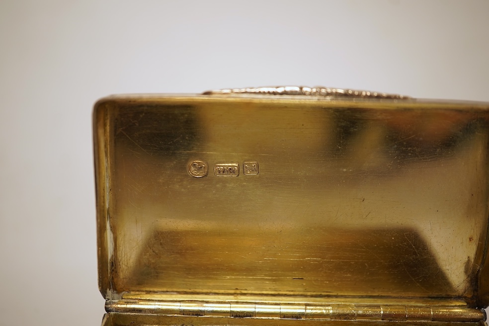 A Victorian engraved silver snuff box, Yapp & Woodward, Birmingham, 1899, 68mm, a small silver scent bottle and two silver-mounted glass scent bottles.
